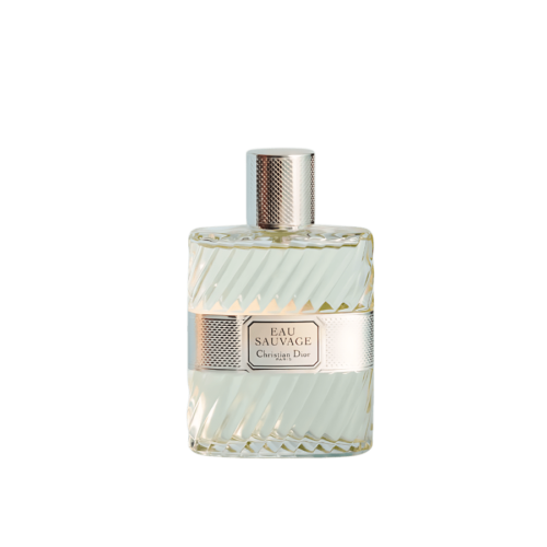 A 100ml bottle of Dior Eau Sauvage Eau de Toilette with a clear glass bottle, a ribbed texture, and a silver cap on a brown table.