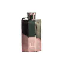 A 100ml bottle of Dunhill Desire Silver Eau de Toilette with a silver-colored metal cap and a metal bottle, on a brown table.