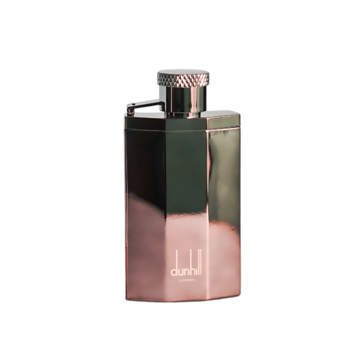 A 100ml bottle of Dunhill Desire Silver Eau de Toilette with a silver-colored metal cap and a metal bottle, on a brown table.