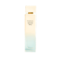 a 100ml bottle of Elizabeth Arden White Tea Eau de Toilette with a white rectangular glass design and matching white cap on a brown table.