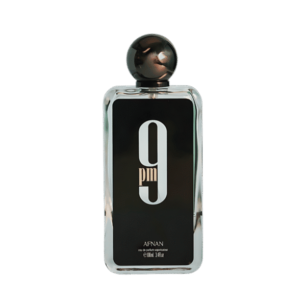 A 100ml bottle of Afnan 9 PM Eau de Parfum with a square glass body, dark label, and chrome cap on a brown table.