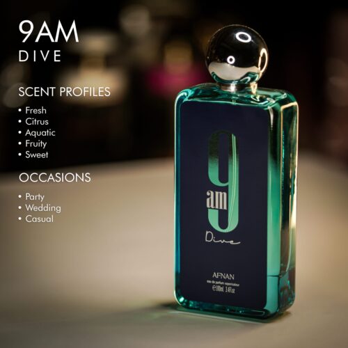 a 100ml bottle of Afnan 9AM Dive Eau de Parfum with a sleek blue rectangular greenish glass design and a chrome cap on a brown table.