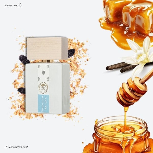 a 100ml bottle of Giardini di Toscana Bianco Latte Eau de Parfum with a rectangular white glass design and a beige cap