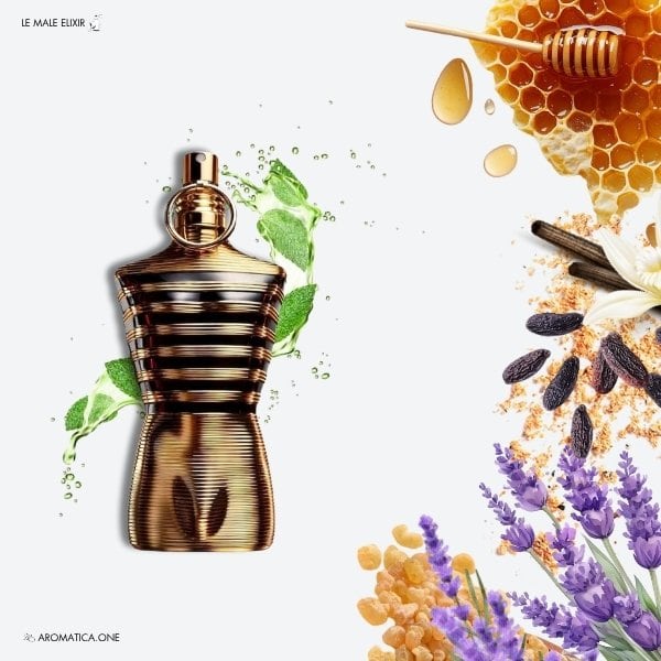 a 125ml bottle of Jean Paul Gaultier Le Male Elixir de Parfum with a torso-shaped metallic gold and black striped glass design and a gold cap
