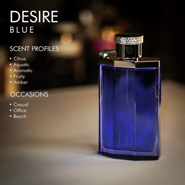 A 100ml bottle of Dunhill Desire Blue Eau de Toilette with a blue glass bottle and metallic silver cap on a white table.