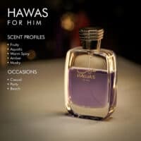 a 100ml bottle of Rasasi Hawas 2022 Eau de Parfum with a clear glass design, purple liquid, and silver cap on a white table.