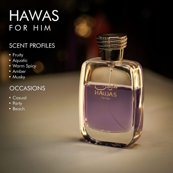 a 100ml bottle of Rasasi Hawas 2022 Eau de Parfum with a clear glass design, purple liquid, and silver cap on a white table.