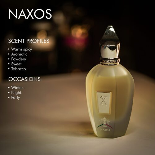 a 100ml bottle of Xerjoff Naxos Eau de Parfum with a curved purple glass design, a gold-colored cap, and an embossed Xerjoff emblem on a brown table.