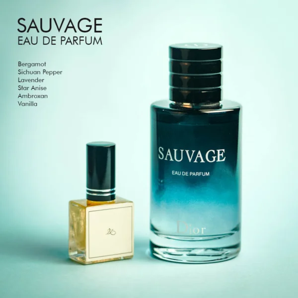A dark tinted bottle of Dior Sauvage Eau de Parfum with white font labels.