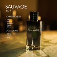 a 100ml bottle of Dior Sauvage Eau de Parfum with a gradient black-to-clear glass design and a black magnetic cap on a brown table.