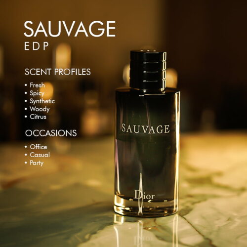 a 100ml bottle of Dior Sauvage Eau de Parfum with a gradient black-to-clear glass design and a black magnetic cap on a brown table.