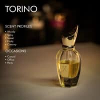 a 100ml bottle of Xerjoff Torino Eau de Parfum with an elegant clear glass design, a gold-plated cap, and the Xerjoff logo embossed on the front, placed on a white table.