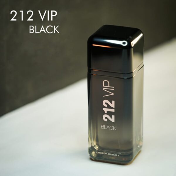 A black Bottle of Carolina Herrera's 212 VIP Black Eau de Parfum with white font labels