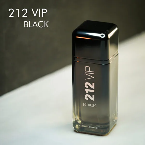 A black Bottle of Carolina Herrera's 212 VIP Black Eau de Parfum with white font labels