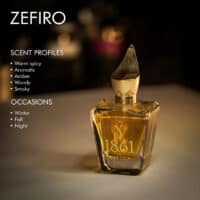 a 100ml bottle of Xerjoff Zefiro Eau de Parfum (Batch 2015) with a deep brown glass design, a gold-plated cap, and the Xerjoff logo embossed on the front, placed on a brown table.