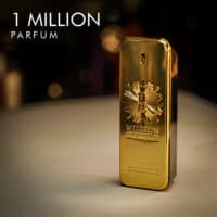 a 100ml bottle of Paco Rabanne 1 Million Parfum with a gold bar-shaped design on a white table