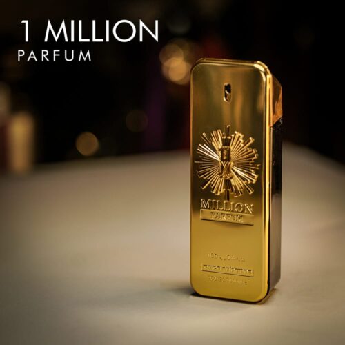 a 100ml bottle of Paco Rabanne 1 Million Parfum with a gold bar-shaped design on a white table