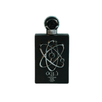 a 100ml bottle of Lattafa Tharwah Silver Eau de Parfum with a black design and silver label on a brown table