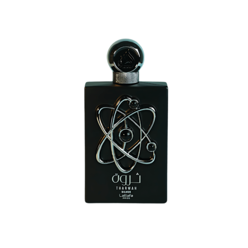 a 100ml bottle of Lattafa Tharwah Silver Eau de Parfum with a black design and silver label on a brown table