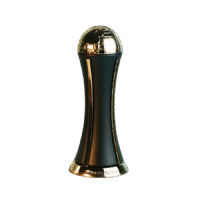 a 100ml bottle of Lattafa Winners Trophy Gold Eau de Parfum with a gold and black glass design and gold cap on a brown table