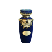 a 100ml bottle of Lattafa Haya Emaan Eau de Parfum with a velvet blue design, gold label on a brown table