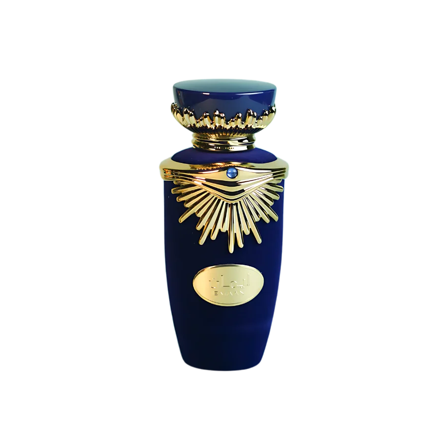 a 100ml bottle of Lattafa Haya Emaan Eau de Parfum with a velvet blue design, gold label on a brown table