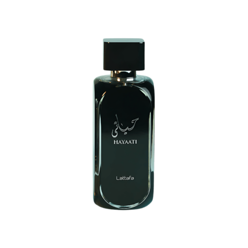 a 100ml bottle of Lattafa Hayaati Eau de Parfum with a black textured glass design on a brown table