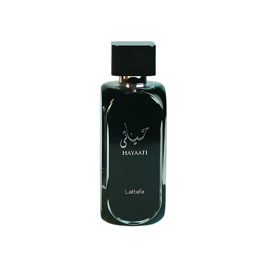 a 100ml bottle of Lattafa Hayaati Eau de Parfum with a black textured glass design on a brown table