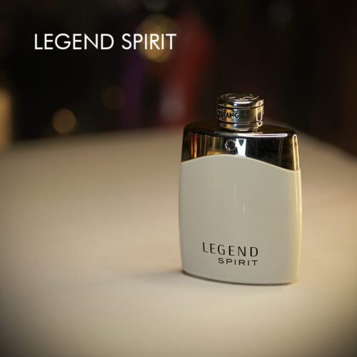 a 100ml bottle of MontBlanc Legend Spirit Eau de Toilette with a white glass design and silver cap on a brown table