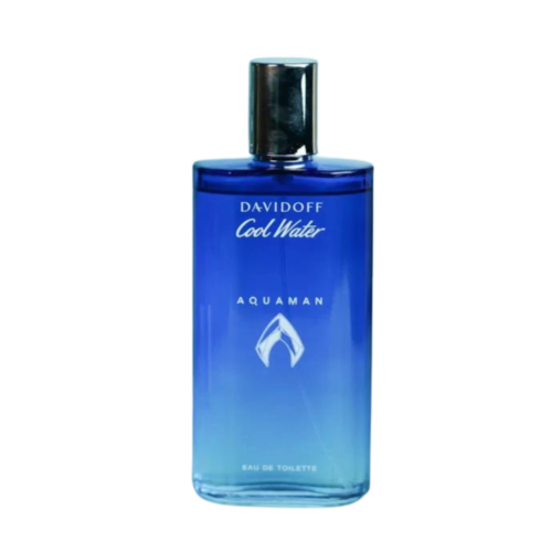 a 125ml bottle of Davidoff Cool Water Aquaman Collector Eau de Toilette with a blue glass design and black cap on a brown table