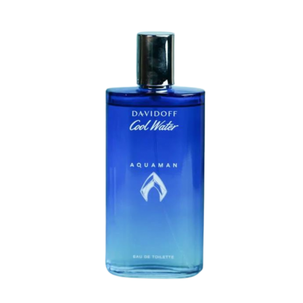 a 125ml bottle of Davidoff Cool Water Aquaman Collector Eau de Toilette with a blue glass design and black cap on a brown table