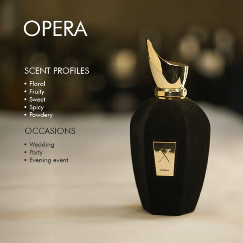 a 100ml bottle of Xerjoff Opera Eau de Parfum with a dark design and gold cap on a white table