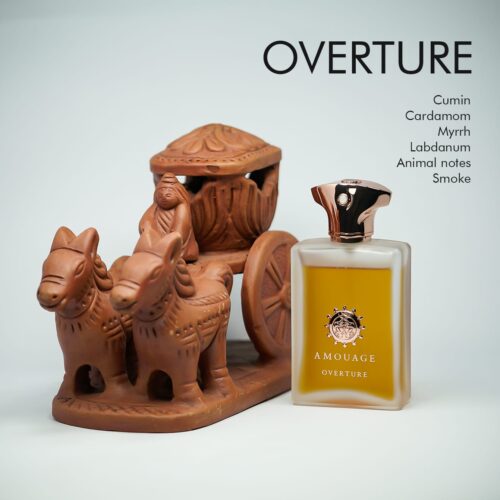 A 100ml bottle of Amouage Overture Man Eau de Parfum with a orange liquid and golden cap on a white table.