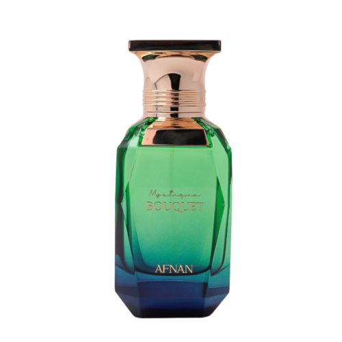 a 100ml bottle of Afnan Mystique Bouquet Eau de Parfum with a green and gold glass design and gold cap on a white table