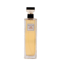 a 125ml bottle of Elizabeth Arden 5th Avenue Eau de Parfum with a classic rectangular glass design and black gold cap on a white table