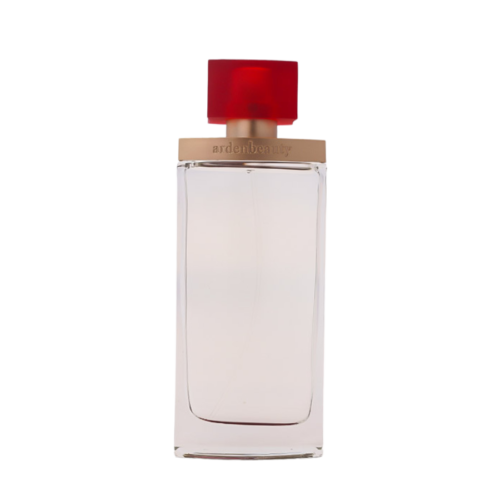 a 100ml bottle of Elizabeth Arden Arden Beauty Eau de Parfum with a sleek white glass design and red cap on a white table