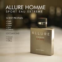 a 100ml bottle of Chanel Allure Homme Sport Eau Extreme Eau de Parfum with a sleek gray glass design and black cap featuring the Chanel logo on a white table