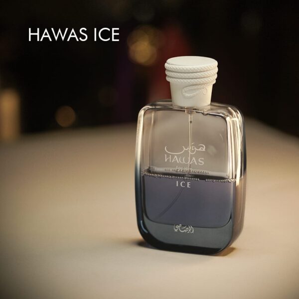 a 100ml bottle of Rasasi Hawas Ice Eau de Parfum with a clear glass design and white cap on a white table