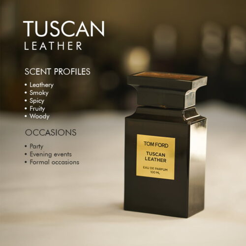 a 50ml bottle of Tom Ford Tuscan Leather Eau de Parfum with a dark brown glass design and gold label on a white table