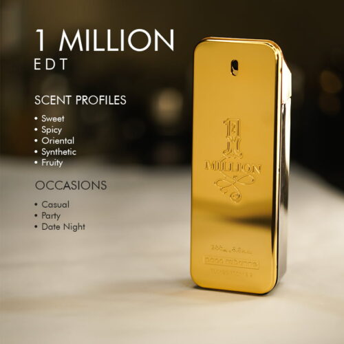 A 100ml bottle of Paco Rabanne 1 Million Eau de Toilette with a golden deisgn placed on a marble table.