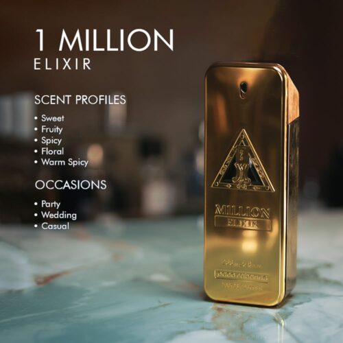 A 100ml bottle of Paco Rabanne 1 Million Elixir with gold design and gold cap on a marble table.