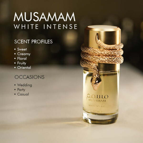 A 100ml bottle of Lattafa Musamam White Intense Eau de Parfum with a gold cap and light amber liquid on a marble table