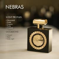 A 100ml bottle of Lattafa Nebras Eau de Parfum with a gold cap and black body on a marble table.