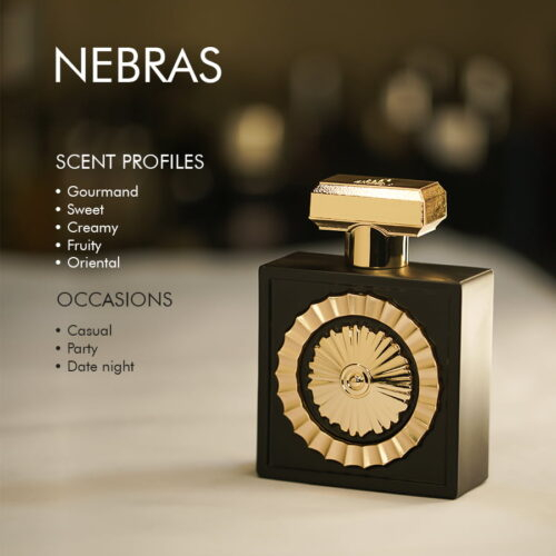 A 100ml bottle of Lattafa Nebras Eau de Parfum with a gold cap and black body on a marble table.