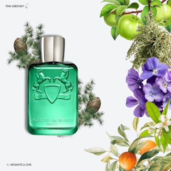 A 125ml bottle of Parfums de Marly Greenley Eau de Parfum with a statuesque green design