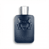 Luxurious men's perfume bottle with embossed crest design and sleek navy finish.