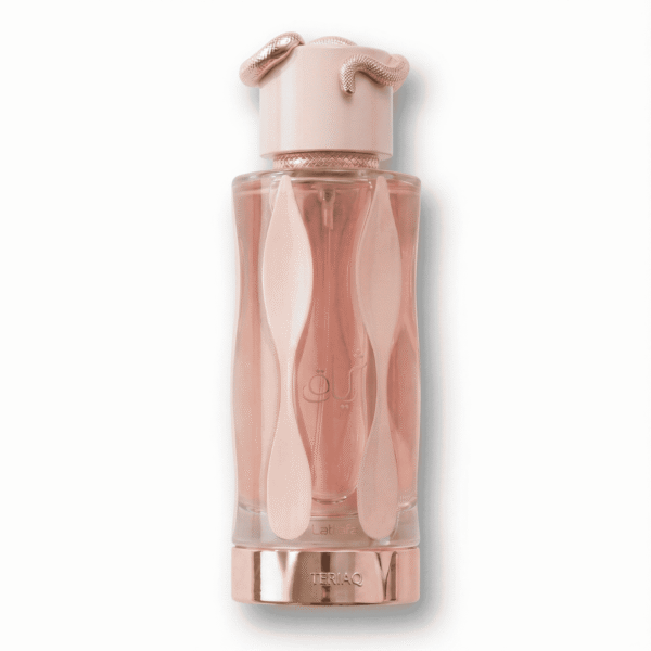 Rose gold perfume bottle with snake details, elegant design for luxury fragrances.