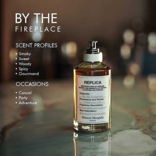 A 100ml bottle of Maison Margiela By the Fireplace Eau de Toilette with brown liquid and white label on a marble table.