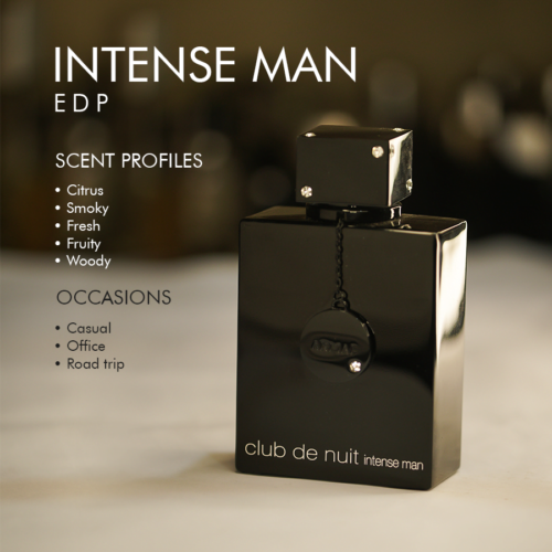 A 105ml bottle of Armaf Club de Nuit Intense Man Eau de Parfum with a black cap, black bottle, transparent liquid on a white table.