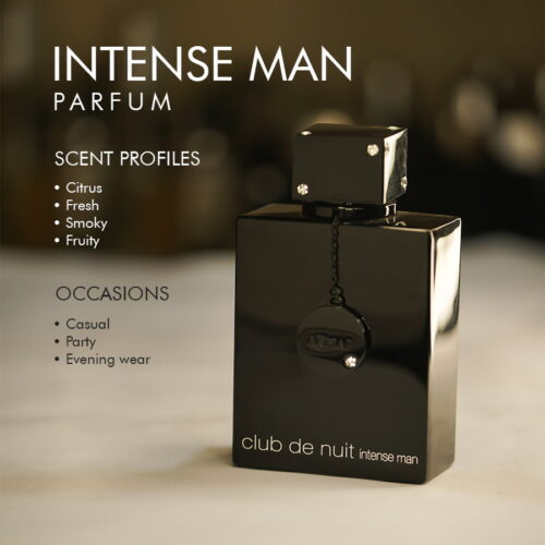 A 100ml bottle of Armaf Club de Nuit Intense Man Parfum with a black cap and clear liquid with a white label on white table.